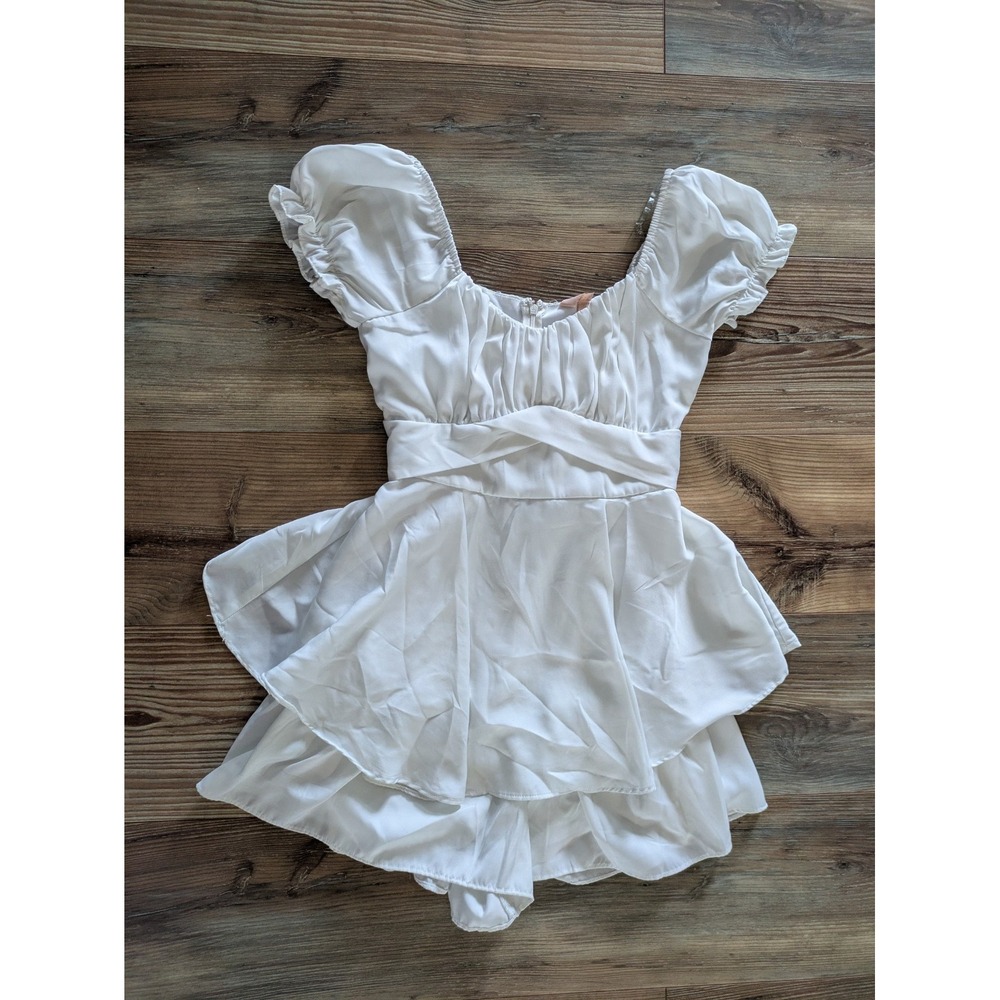 Anthropologie White Puff Short Sleeve Ruffle Built In Shorts Lined Mini Romper S